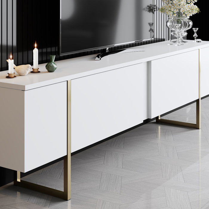 Hanah Home Soporte TV Blanco y Dorado 180cm con Patas Metálicas Elegantes